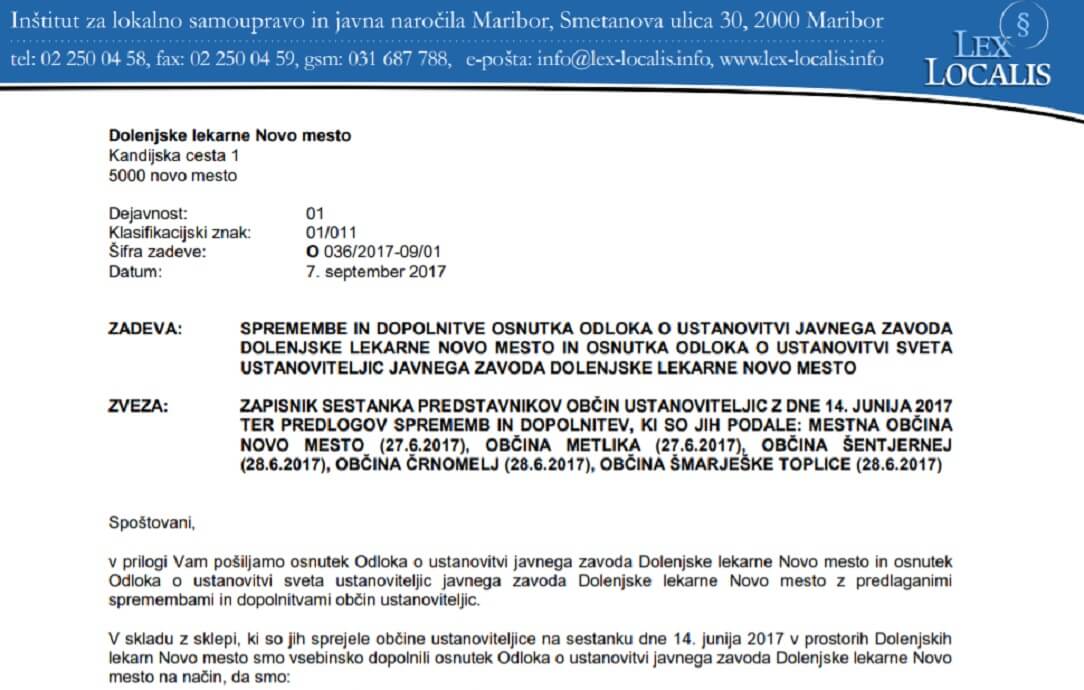 Osnutek odloka o ustanovitvi javnega zavoda Dolenjske lekarne in popis nepremičnin