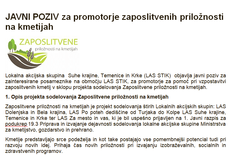 Javni poziv za promotorje zaposlitvenih priložnosti na kmetijah