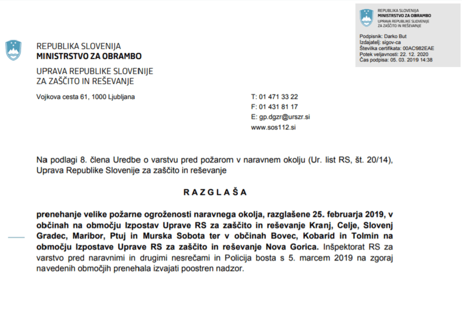 Izredni bilten Centra za obveščanje RS
