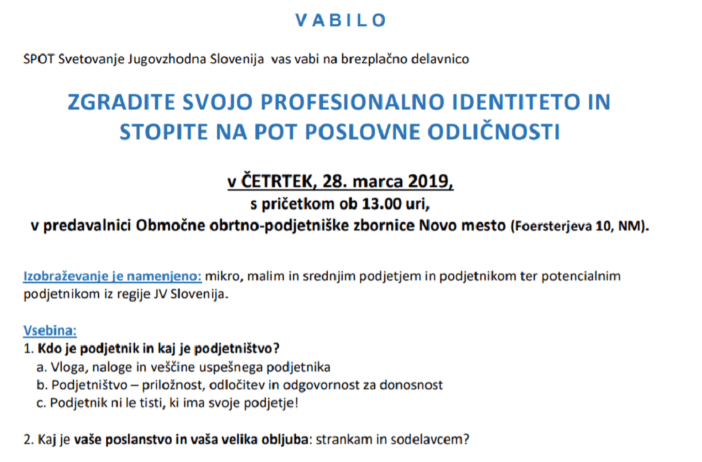 Vabilo na brezplačno delavnico Zgradite svojo profesionalo identiteto  in stopite na pot poslovne odličnosti